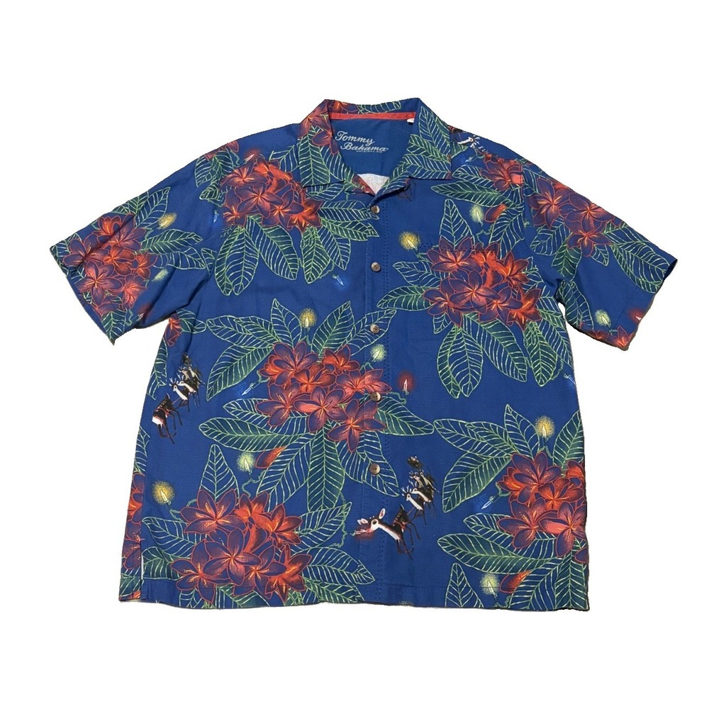 Tommy Bahama Mens L 100% Silk Floral Tropical Christmas Rudolph Button Down